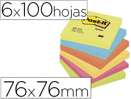 6 blocs de 100 notas adhesivas quita y pon Post-it 76x76mm. neón surtidos